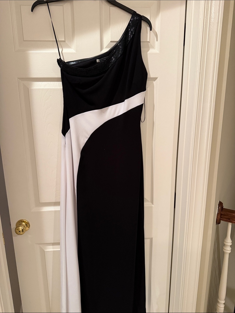 JS Boutique Black and White One-Shoulder Evening Gown
